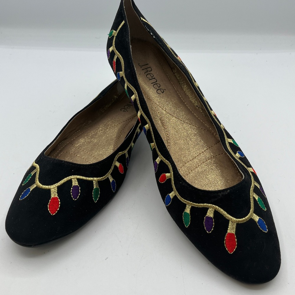 J. Renee Brightlights Black Suede Christmas Light Embroidered Ballet Flats 9.5M